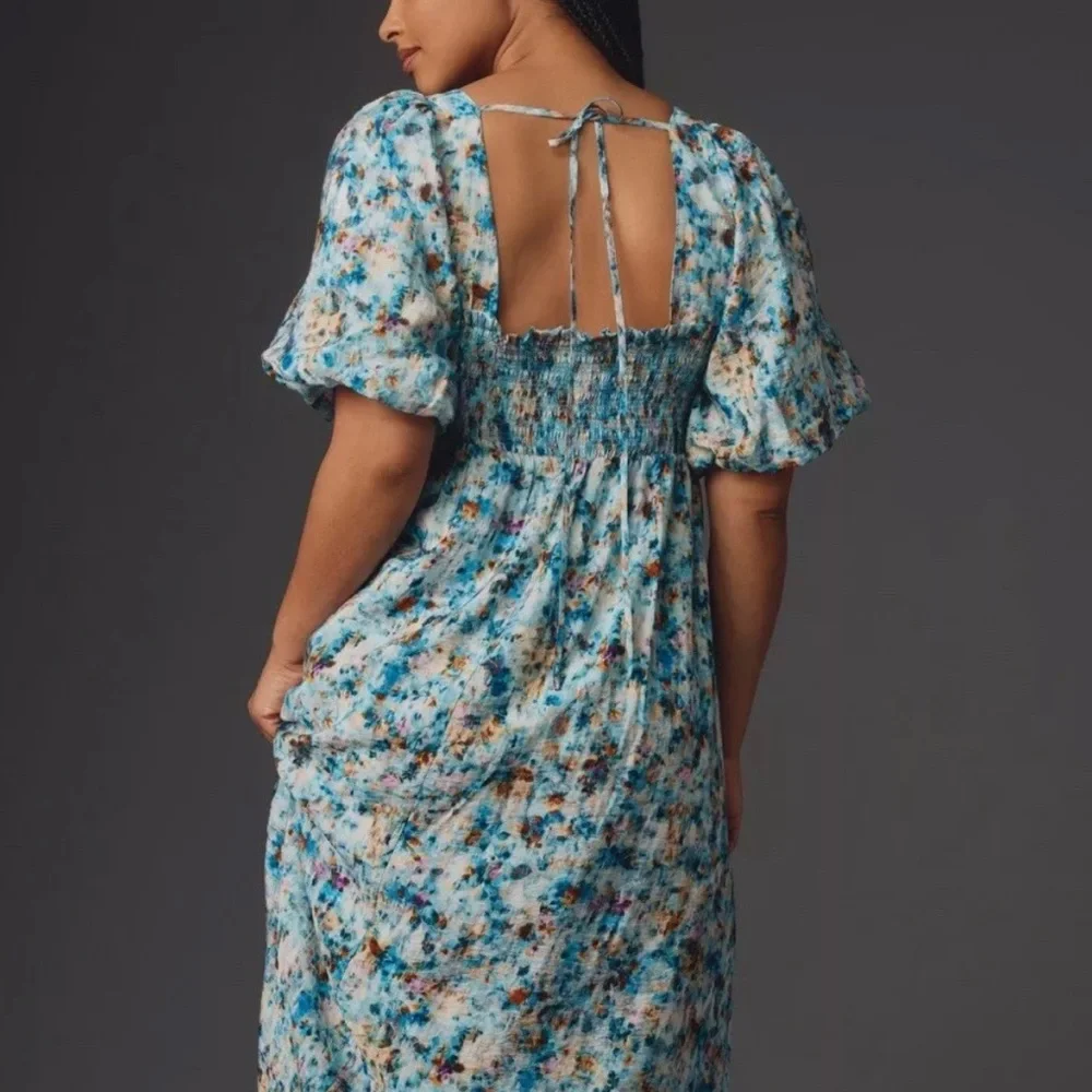 By Anthropologie Floral Dress Milkmaid Watercolor Blue Midi Size XXS - Picture 3 of 12